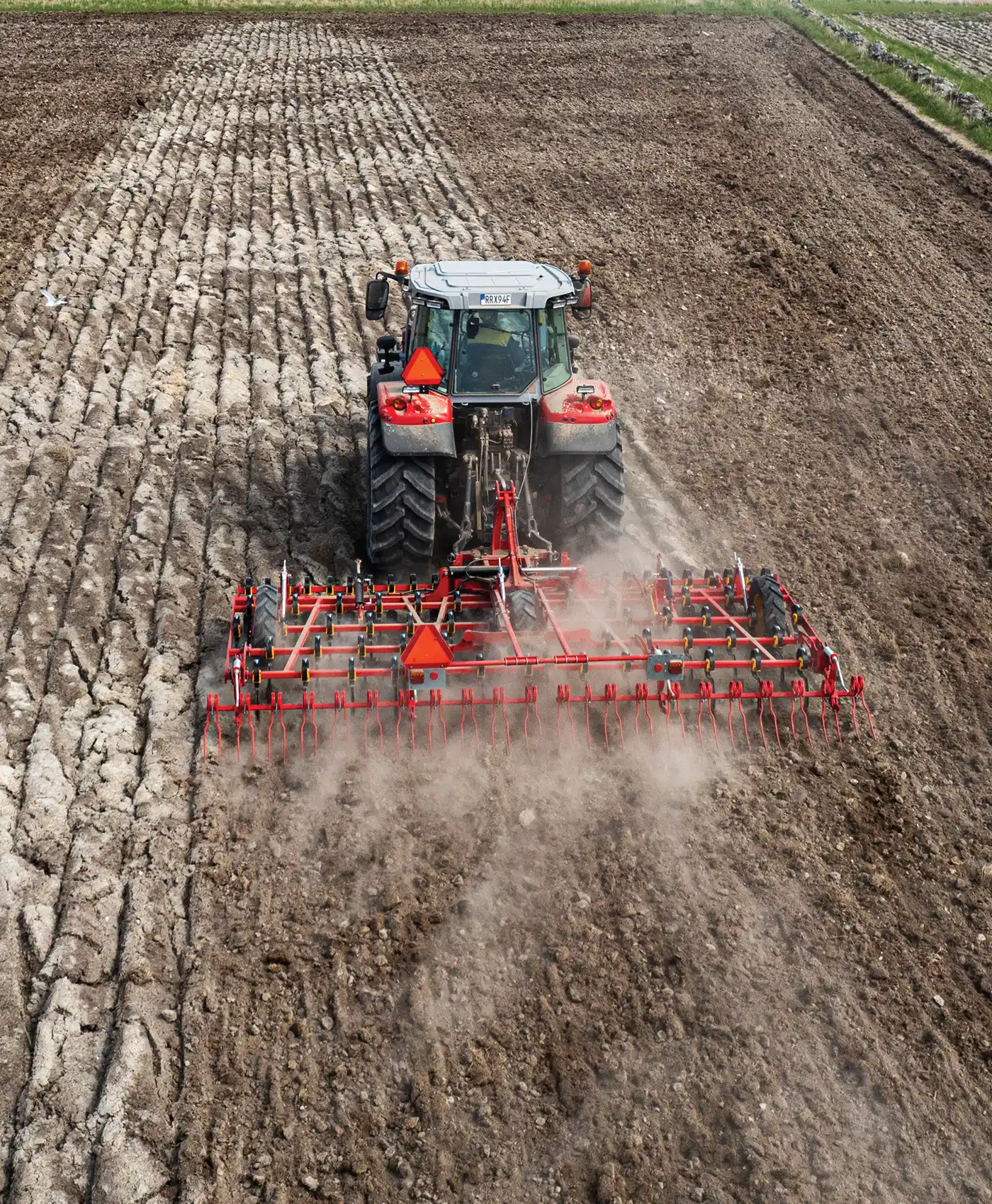Ein Massey Ferguson Traktor fährt mit einer Egge über ein Feld.