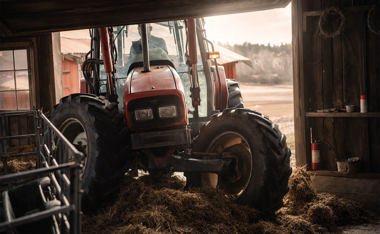 En Massey Ferguson-traktor kj&oslash;rer gjennom porten til en l&aring;ve med h&oslash;y.
