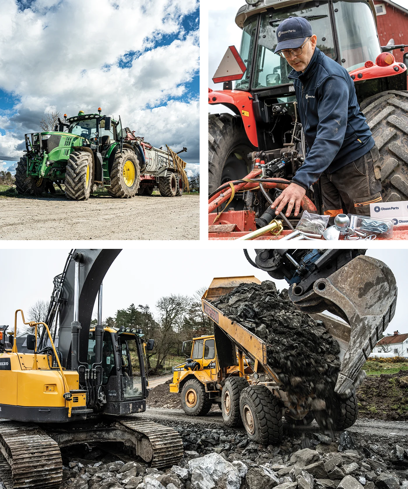 Kollaasi, jossa on John Deere -traktori, punainen traktori ja kaksi Volvo-rakennuskonetta
